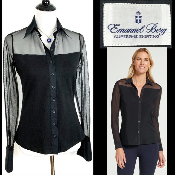 Emanuel Berg Tops - Emanuel Berg Black Button Up Shirt Mesh Sleeves  Sz 8